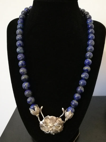 Lapis Blue & Bright Yellow Focal Bead Necklace by Liliana Glenn (Art Glass  & Silver Necklace)